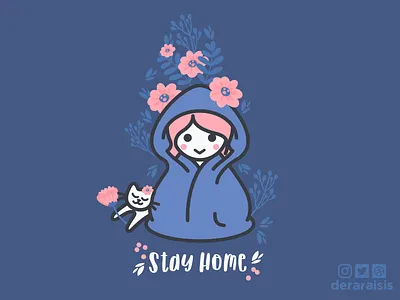 Stay Home Spring blanket cat cute floral flower flower crown flower pattern girl character home illustration minimal pink pink hair spring springtime stay home stay safe vector vector art wallpaper