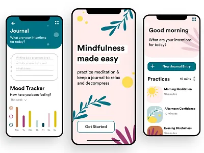 Mindfulness and Journal Mobile App adobe xd app design digital art digital illustration graphic design graphics journal meditation mindful mindfulness mobile app mobile app design mobile ui notebooks notes ui ux ux design