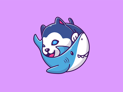 shark and husky 🐶🦈 animal baby cartoon character cute dog fish friend happy husky icon illustration logo mascot pet puppy shark siberian smile sticker