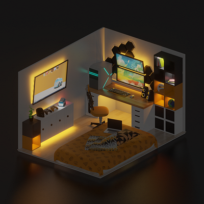 Cozy orange bedroom with pc gaming setups