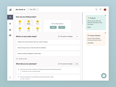 Checkins: Daily Check-In Screen for Collaboration Software cloud app collaboration goal management goals kpi mood okr product design progress tracking reports retrospective saas task management task manager tasks teamwork todo app todo list todolist user interface