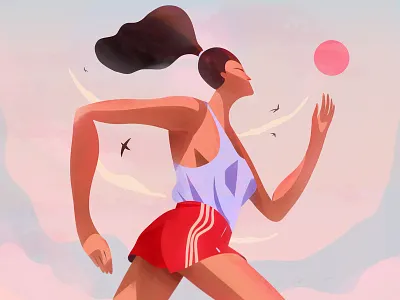 Runner's high ❤️💜 adidas birds characterdesign clouds girl illustration jogging purple red running sky sun