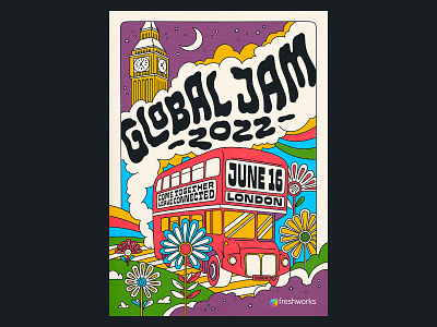 Freshworks Global Jam — Poster 2 70s fillmore handlettering illustration lettering poster poster design psychedelic