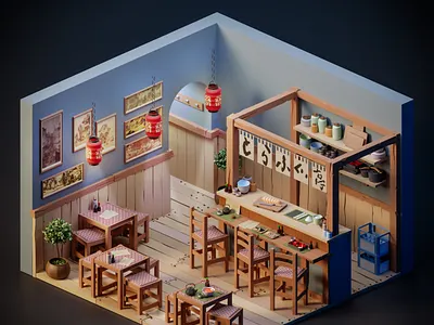 Japanese Restaurant 3d cartoon cartoon illustration colorful concept art illustration isometric japan japanese low poly low poly art lowpoly render rendering sushi