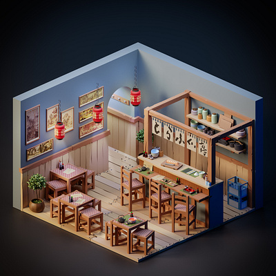 Japanese Restaurant 3d cartoon cartoon illustration colorful concept art illustration isometric japan japanese low poly low poly art lowpoly render rendering sushi