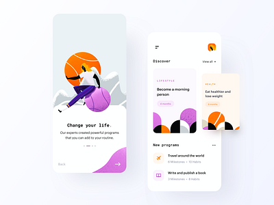 Goals & Habits App app cards cartoon clean discover habits illustration ios iphone modern onboarding patterns programs slide task tasks template to do walkthrough white