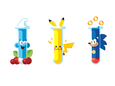 Cartoon names character chemistry flat illustration pikachu pokemon science simple smurf sonic sonic the hedgehog testtube vector