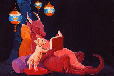 Story time for baby dragon acrylic book dragon illustration reading storybook