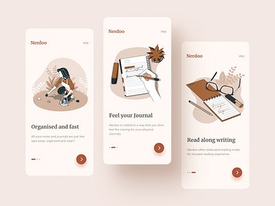 Nerdoo - Walk through app clean design ebook flat illustration interaction journal minimal mobile modern note onboarding reading slide ui uiux ux vintage writing