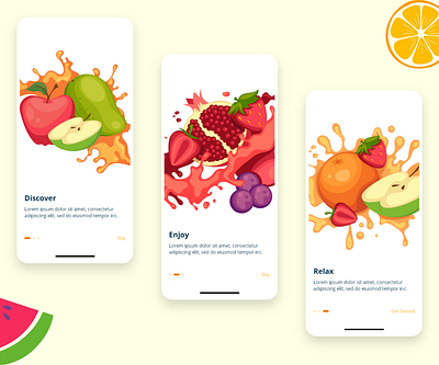 Walkthrough Screen Design for Fruit Buying App adobe xd branding design food fruit fruit app grocery illustration ios ios app mobile onboarding onboarding illustration presentation ui ui design ux ux design walkthrough