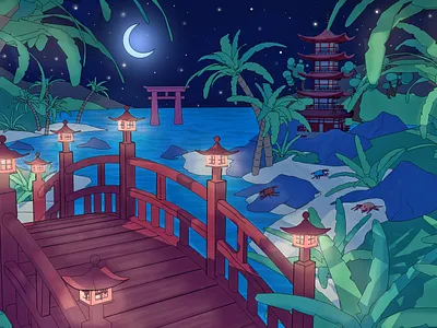 Bridge to Moonlight Island 2d 3d 3d set bridge cartoon chinese new year culture game design japan japanese link look low poly nintendo render style toon zelda