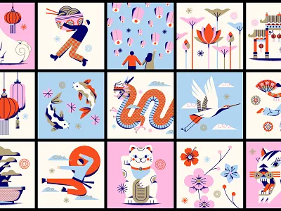 GoDaddy AAPI Illustrations aapi abstract asian blue bonsai crane dragon flat geometric gold heritage illustration lotus minimal noodles pink red texture tiger vector