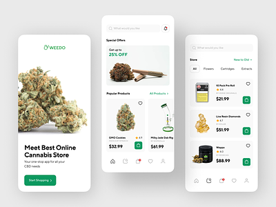 Cannabis E-Commerce App Concept app app design cannabis cannabis packaging cbd concept design interface leaf marihuana marjuana natural organic plants thc ui ux weed
