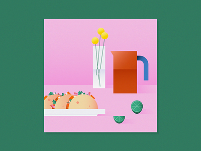 Still life 2d cilantro cooking design flat food fruit home illustration limes minimal onions plant plate still life taco tacos tortilla vector water
