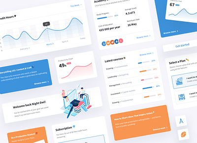 Education Platform UI Elements cards ui colorful components design design system desktop app education flat hello world learning minimal online course ui ui elements uikit user inteface ux web web app website