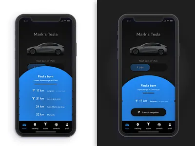 Tesla x Oculus - Find a Born for my electric car app battery car charger dashboard design gps interface list mobile mobile app mobile ui power product tesla ui ux
