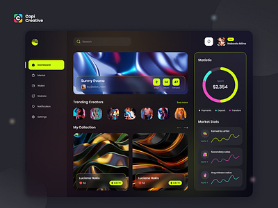 NFTs Dashboard UI Concept app auction blockchain capi creative darkmode dashboard design marketplace mobile neon statistic ui ui kit