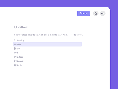 Document Editor - Initial State & Block Picker document editor empty state figma light mode minimal purople saas text edit ui web