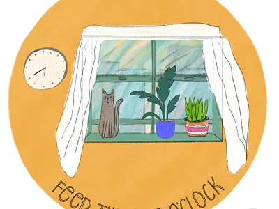 Feed the cat o'clock cat character drawing editorial hand lettering handlettering home illustration kids kitten kitty lettering spot illustration texture window