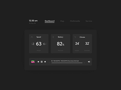 Daily UI 034 / Car Interface app car car interface card challenge dailyui dailyui034 dailyuichallenge dark dark ui drive driving interface menu music player player smartcar time ui uidesign