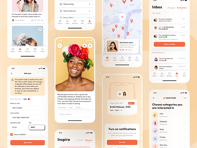 Readyhubb. Mobile App to book beauty services app beauty booking checkout dashboard design filters map messages mobile notifications orange post registration screen typography ui ux