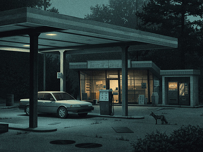 An Old Friend car fox gas station illustration moody nicholas moegly night nighttime nostalgic poster