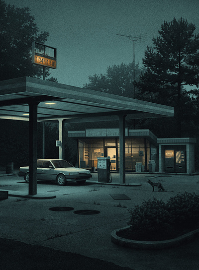 An Old Friend car fox gas station illustration moody nicholas moegly night nighttime nostalgic poster