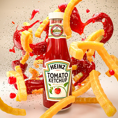 Heinz Poster 3d design 3d poster 3dsmax advertise branding c4d cinema4d food fries ketchup product design tomato visualization