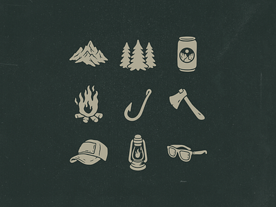 Cloud city apparel custom icon set campfire commission custom icon design custom icons design distressed handdrawn hatchet icon design illustration mountains outdoors sunglasses trees vector wild