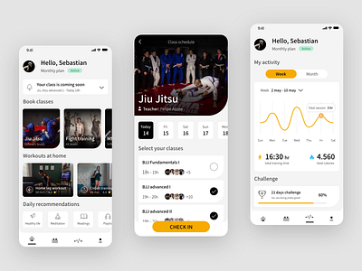 MMA academy app 🥊 academy app boxing boxing gloves check in class classes design designers fitness fitness app jiujitsu mma reserve sports ui ux yellow