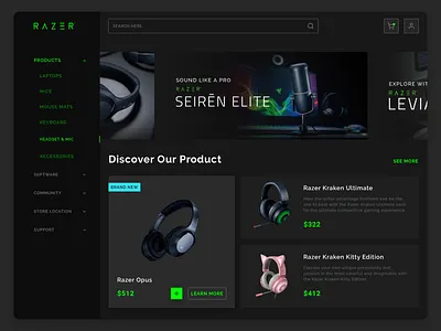 Razer Gear Store clean dark dashboard design earphone ecommerce game green headset page razer ui user user experience user interface user interface design ux web web design