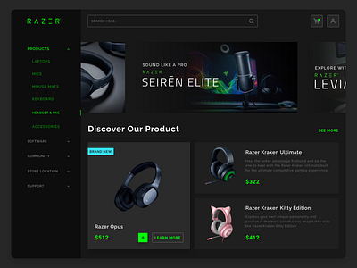 Razer Gear Store clean dark dashboard design earphone ecommerce game green headset page razer ui user user experience user interface user interface design ux web web design