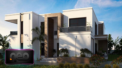 Realistic render of villa facade 3d 3dsmax app design facade render ui ux villa vray website
