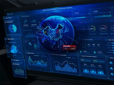 New Retail Big Data Temporal Perception Big Screen 3d chart dashboard data visualization design earth monitoring screen web