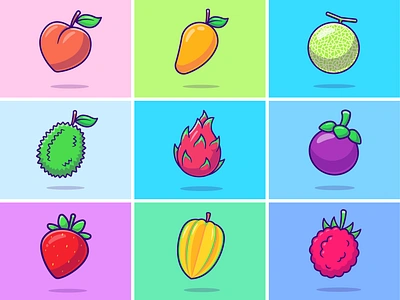 Fruit icons🍑🍐🍓 cute diet dragon fruit drink durian food fresh fruit healthy icon illustration juice logo mango melon organic strawberry sweet tropical vitamin