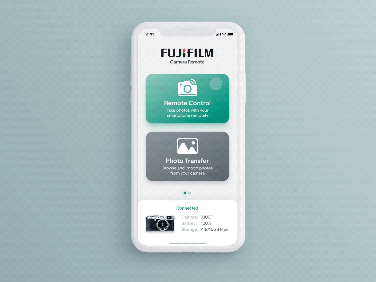 Fujifilm Camera Remote App - Home Screen app design camera camera app digital product fujifilm home screen interaction design mobile app mobile app design mobile ui photo photography product design ui ui ux uiux user experience user interface user interface design