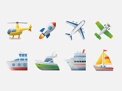 Emoji transport 4 air airplane boat design emoji ferry helicopter icon illustration plane rocket sailboat sailing ship transport travel ui vector web