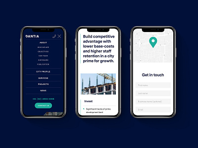Dantia Website Mobile Design dantia hamburger map menu mobile mobile design mobile menu mobile ui navy responsive teal ui user interface ux web design web design agency web designer webdesign website