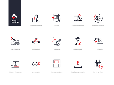 Demolition icons branding construction dismantling icon set iconography icons identity illustration logo reconstruction symbol unfold