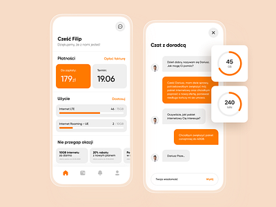 Phone Subscription - Mobile Application app app design application chart chat clean design flat icon invoices minimal mobile orange progress promotions stats telecommunication ui white