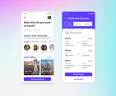 Time travel app booking clean ui ios mobile time timejourney timemachine travel ui