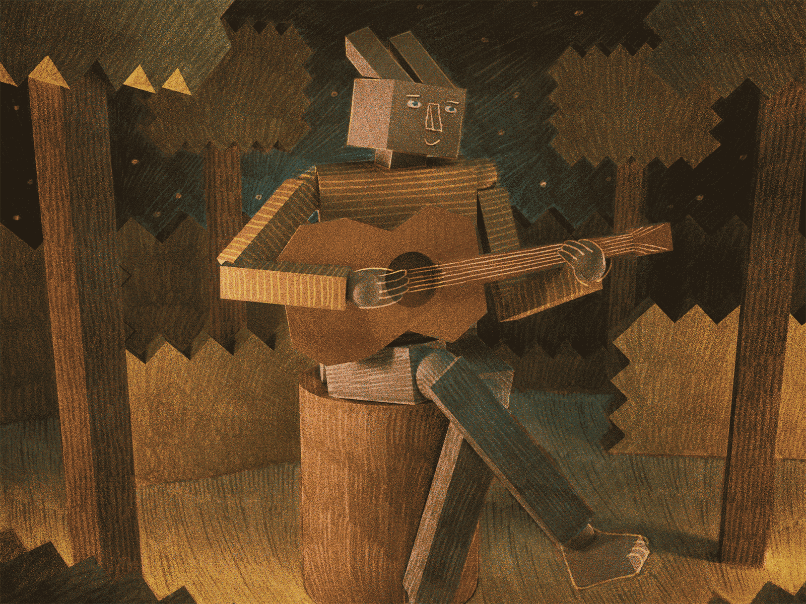 Rabbit Guitarist 3d animation blender colour depth illustration night pencil sky stars texture trees