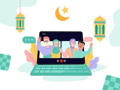 Eid Mubarak biznetgio covid19 eid eid mubarak eidmubarak family father grandma grandmother grandpa grandparents illustration ipadpro islamic keyboard parent social distancing talk video call