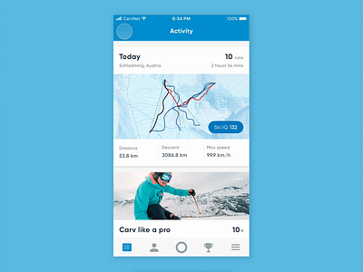 Carv Activity Overview carv map mobile app design mobile ui mobile ux principleapp prototype ski skitech