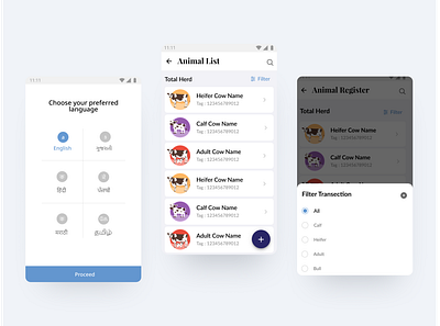 Farm 365 app Listing, Language & Filter Screen appdeisgn cardlayout cards farmer farmerapp figma filter filters language languageselection uiux unconventional audience uneducated