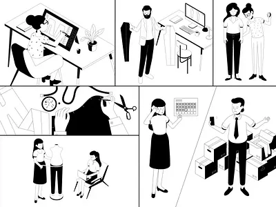 Six Atomic production process apparel characters cloth clothes delivery design explainer fashion illustration lottie package panic studio process production service sew