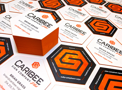 Caribee Sign Company - Business Cards business card colored edges design embossed hexagon hexagonal honeycomb orange painted edges sign company spot uv st louis