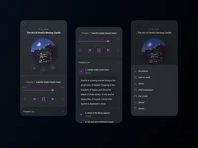 Audiobook player: listen, read, love audio audio app audio player audiobook audiobooks audioplayer book dark dark mode dark theme dark ui mobile mobile app mobile app design mobile design mobile ui neomorphic neomorphism reading reading app