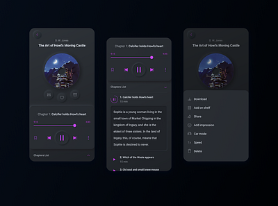 Audiobook player: listen, read, love audio audio app audio player audiobook audiobooks audioplayer book dark dark mode dark theme dark ui mobile mobile app mobile app design mobile design mobile ui neomorphic neomorphism reading reading app