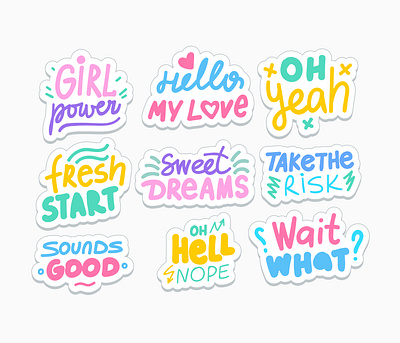 Cute stickers cartoon hand drawn lettering messages simple slang sticker stickers vector